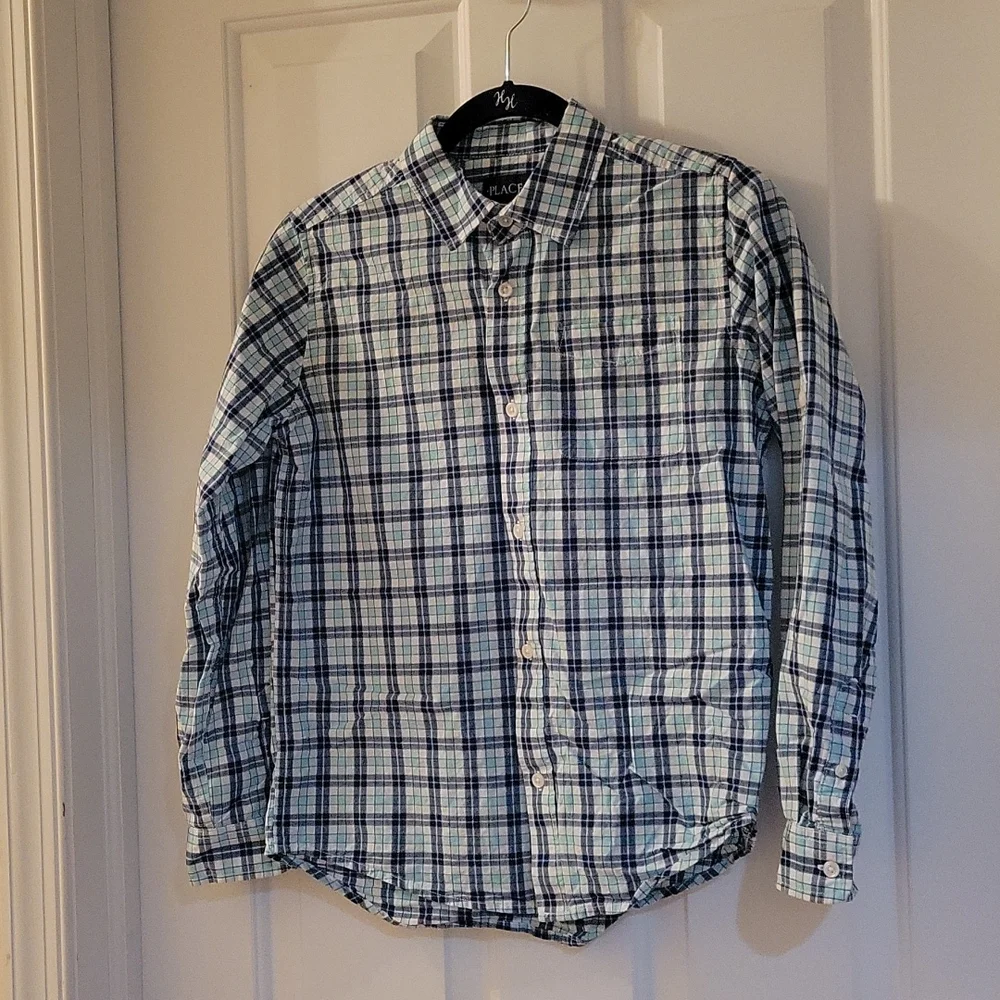 Childrens place blue and teal plaid shirt, 14